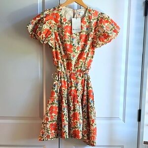 &merci.   SM 100% Cotton, Lined. Orange Red Puff Sleeve V-Neck Ruffled Sundress
